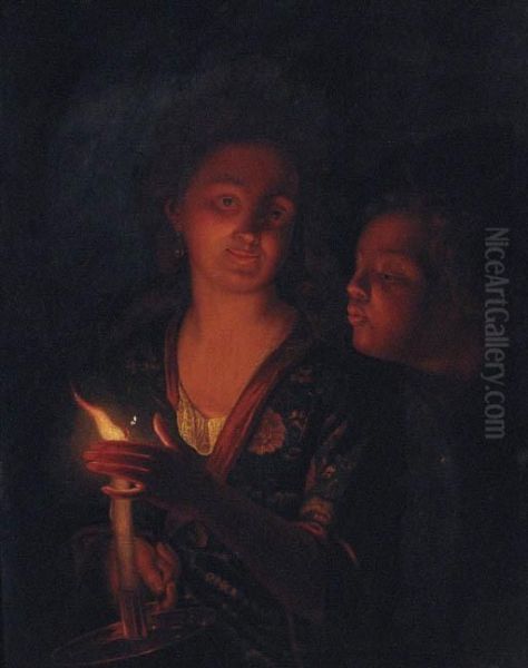 A Boy Blowing A Candle Held By A Lady Oil Painting by Godfried Schalcken