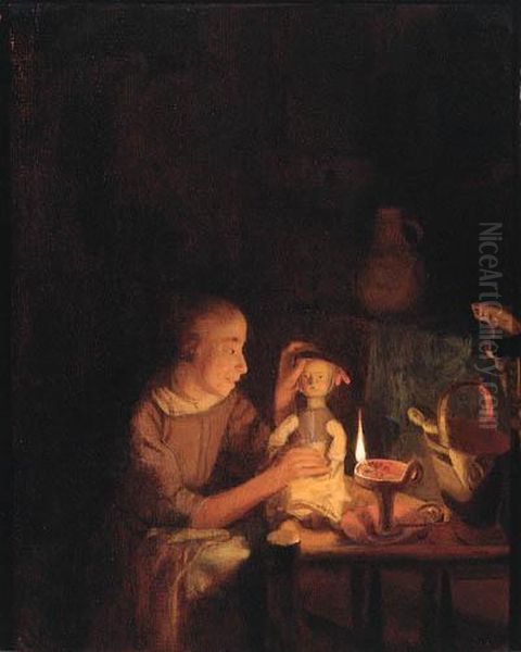 A Young Girl Playing With Her Doll At A Table, In An Interior Bycandlelight Oil Painting by Godfried Schalcken