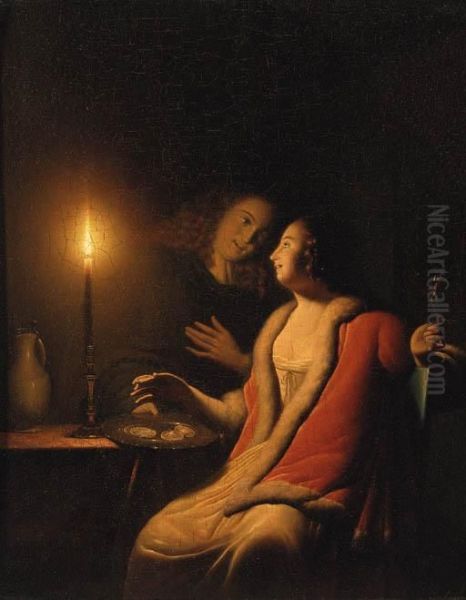 A Gentleman Making Advances On A Lady By Candlelight Oil Painting by Godfried Schalcken