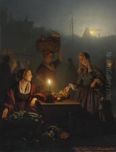 Buying Fruit And Vegetables At The Night Market Oil Painting by Petrus van Schendel