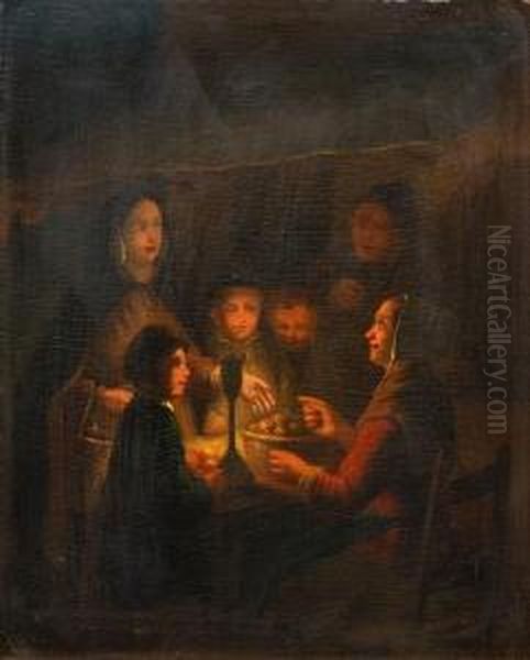 Figures At A Candlelit Market Stall Oil Painting by Petrus van Schendel