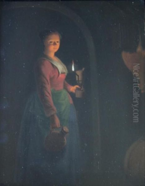 Kitchen Maid In A Poultry Larder, With A Lamp Oil Painting by Petrus van Schendel