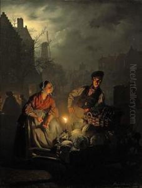 Selling Vegetables At The Night Market Oil Painting by Petrus van Schendel