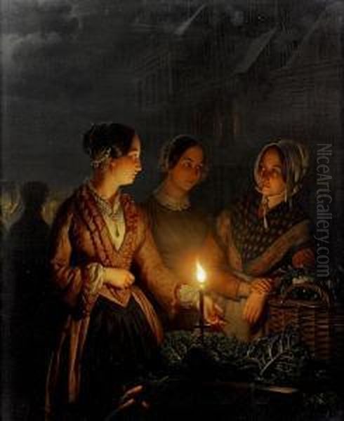 A Moonlit Market Scene Oil Painting by Petrus van Schendel