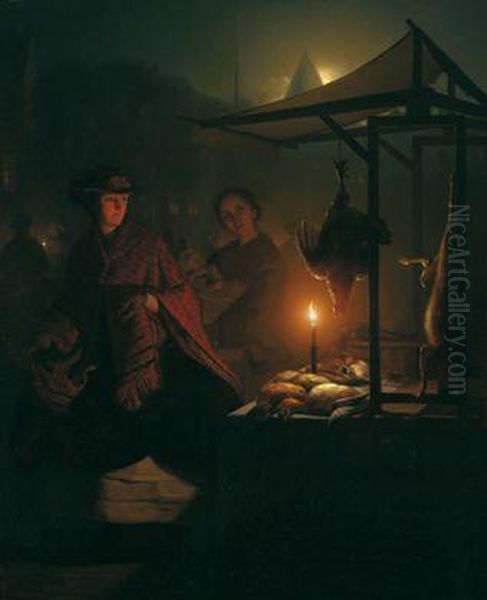 Junge Dame Am Geflugelmarkt Oil Painting by Petrus van Schendel