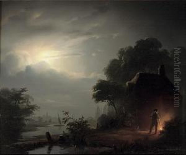 A Moonlit Landscape, With A Figure By A Farmhouse Oil Painting by Petrus van Schendel