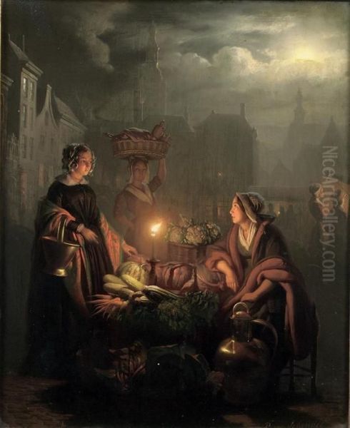 A Busy Night Market With A Vegetable Stall Oil Painting by Petrus van Schendel