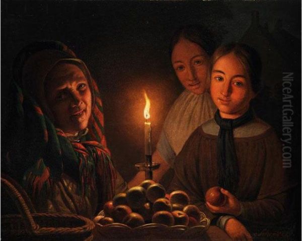 Die Apfelverkauferin Oil Painting by Petrus van Schendel