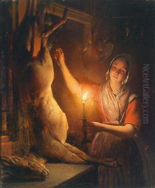 Eine Junge Fraumit Aufgehangtem Wildpret Oil Painting by Petrus van Schendel