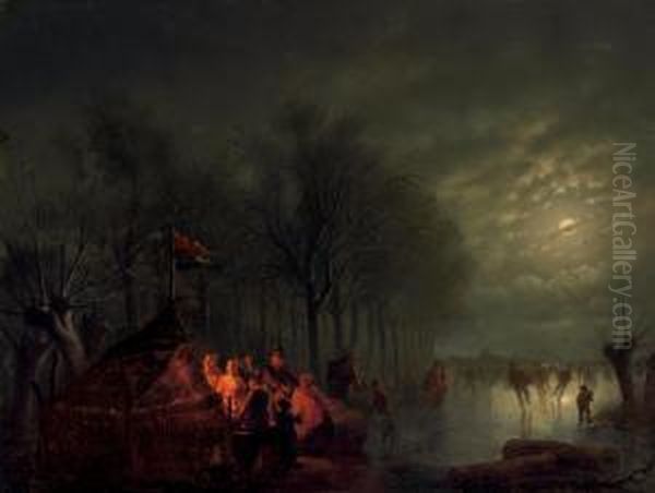 Skaters Near A Koek-en-zopie By Moonlight Oil Painting by Petrus van Schendel