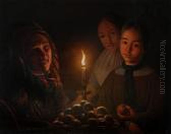 Apple Saleswoman With Two Girls In Candlelight Oil Painting by Petrus van Schendel