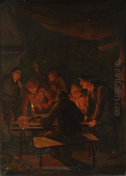 Peasants At A Candlelit Gaming Table Oil Painting by Petrus van Schendel