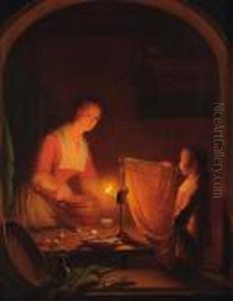 Jeune Cuisiniere Et Enfant A La Trompette Oil Painting by Petrus van Schendel