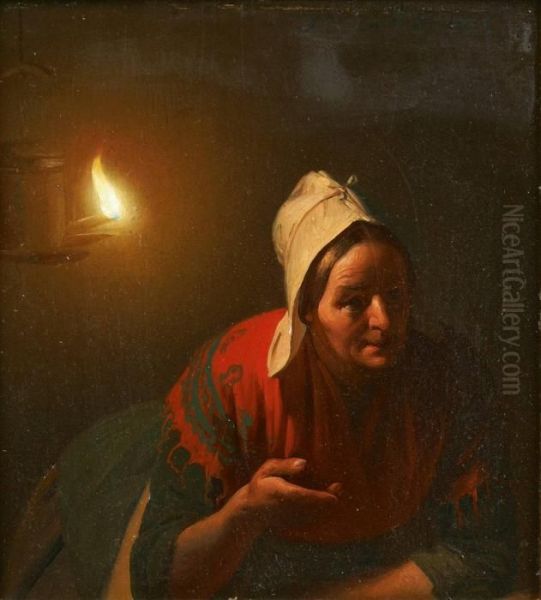 Conversation A La Lueur De La Lampe A Huile Oil Painting by Petrus van Schendel