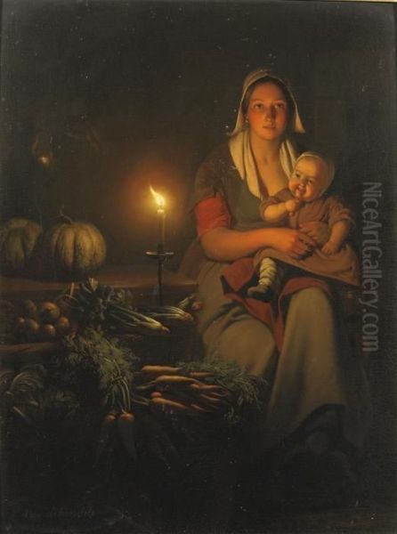 Mother And Child At The Night-market Oil Painting by Petrus van Schendel