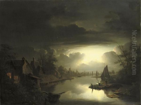 Maaneffect: A Dutch Riverside-town By Nightfall Oil Painting by Petrus van Schendel