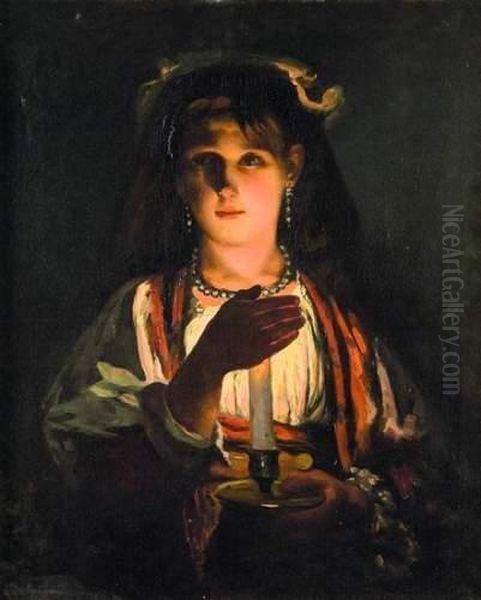 Jeune Fille A La Bougie Oil Painting by Petrus van Schendel