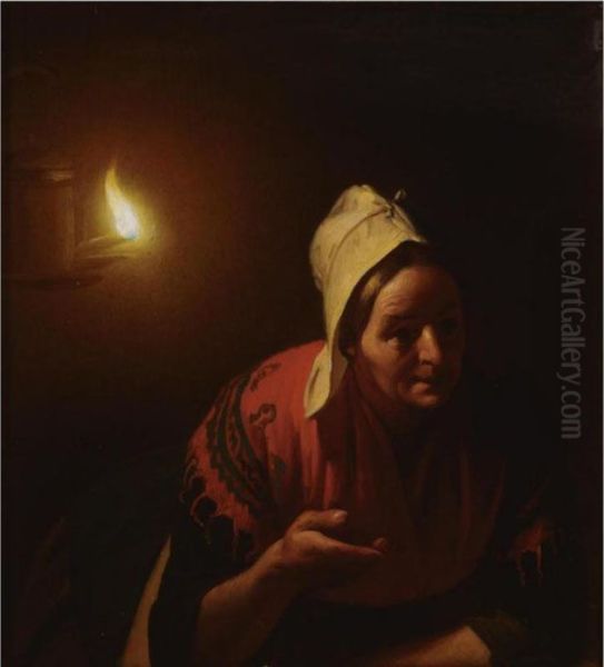 Conversation By Candlelight Oil Painting by Petrus van Schendel