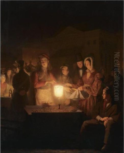 An Almond Seller At The 'botermarkt' In Amsterdam By Candlelight Oil Painting by Petrus van Schendel