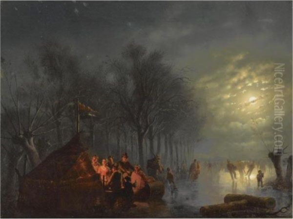 Skaters Near A 'koek En Zopie' By Moonlight Oil Painting by Petrus van Schendel