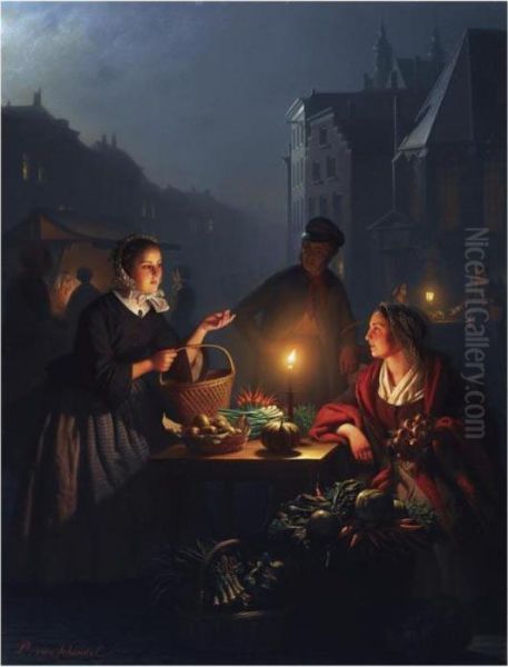 A Vegetable Seller At The Groenmarkt, The Hague Oil Painting by Petrus van Schendel