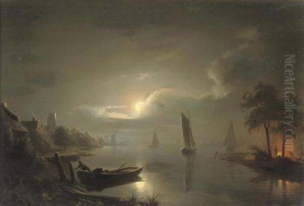 Maanenschijn: Sailing At Night Near Rotterdam With The St.laurenskerk Beyond Oil Painting by Petrus van Schendel