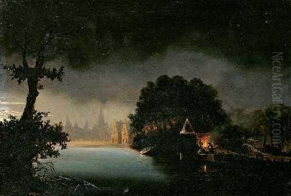 Nachtliche Flusslandschaft. Oil Painting by Petrus van Schendel