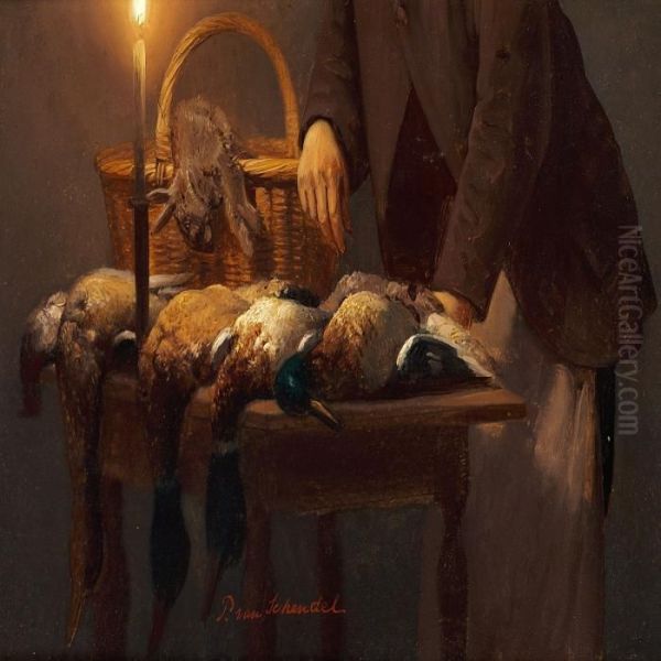 Game Birds On A Table Lit-up By A Candle Oil Painting by Petrus van Schendel