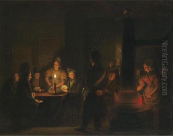 The Card Game Interrupted Oil Painting by Petrus van Schendel