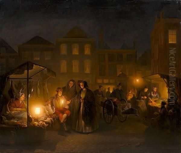 An Evening Market In The Hague Oil Painting by Petrus van Schendel