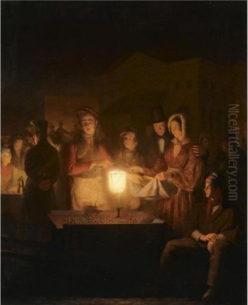 An Almond Seller At The 'botermarkt' In Amsterdam By Candle Light Oil Painting by Petrus van Schendel