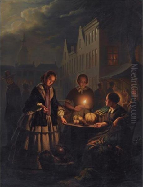 A Vegetable Market At The Grote Markt In The Hague Oil Painting by Petrus van Schendel