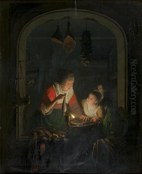 Une Cuisiniere Preparant Des Poissons A L'embrasure D'une Fenetre Oil Painting by Petrus van Schendel