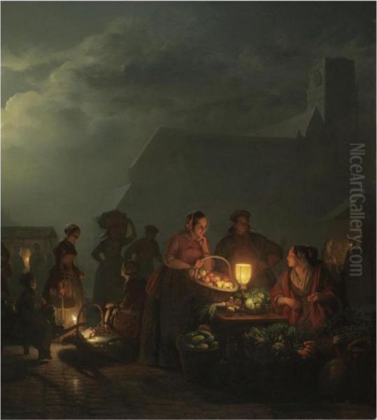 Market Square In Rotterdam At Night Oil Painting by Petrus van Schendel