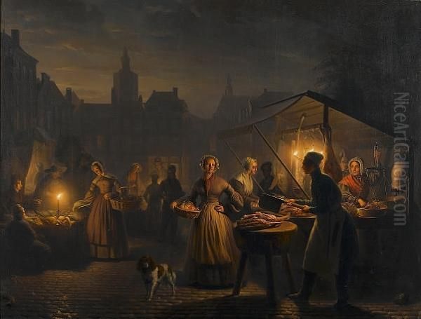 The Main Square In The Hague In The Evening Oil Painting by Petrus van Schendel