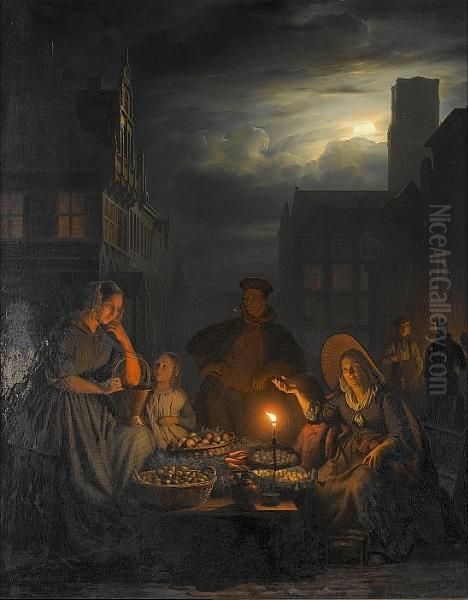 An Evening Market Oil Painting by Petrus van Schendel