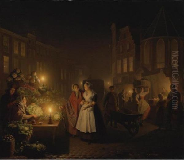 Moonlit Market Oil Painting by Petrus van Schendel