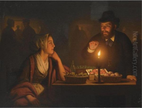 A Market Scene By Candle Light Oil Painting by Petrus van Schendel