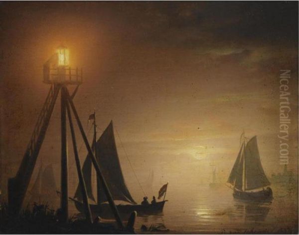 Boats At Moonlight Oil Painting by Petrus van Schendel