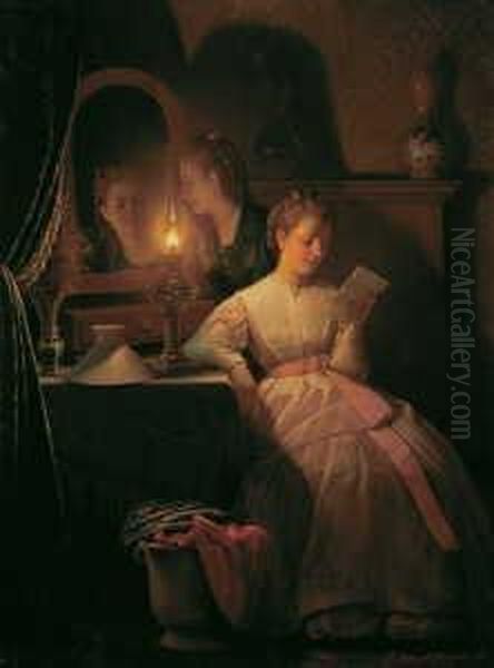 Interieur Mit Zwei Jungen Frauen Und Brennender Petroleumlampe. Oil Painting by Petrus van Schendel