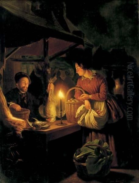 At The Night Market Oil Painting by Petrus van Schendel