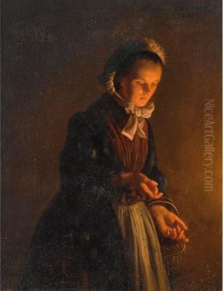 A Servant Girl By Candle Light Oil Painting by Petrus van Schendel