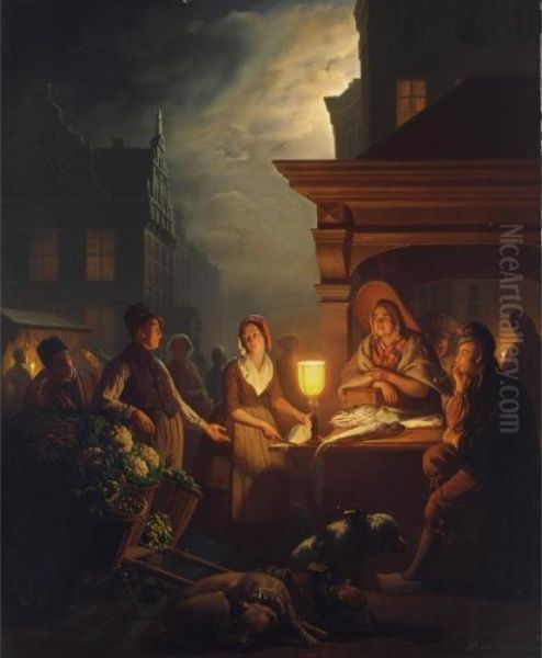 The Fishmarket On The Groenmarkt, The Hague Oil Painting by Petrus van Schendel