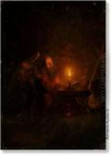 The Temptation Of Saint Anthony. Panel (mahogany). Signed P.van Schendel. Oil Painting by Petrus van Schendel