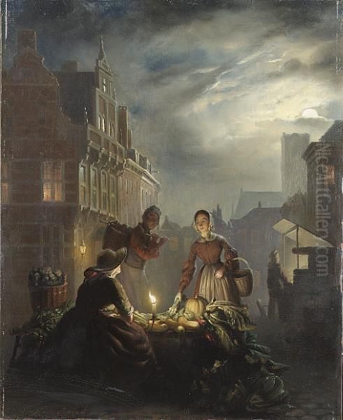 At The Vegetable Market Oil Painting by Petrus van Schendel