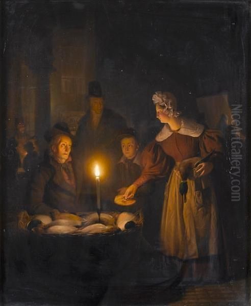 A Candlelight Market Scene Oil Painting by Petrus van Schendel