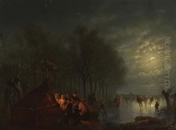 Skaters Near A 'koek En Zopie' In A Moonlit Landscape Oil Painting by Petrus van Schendel