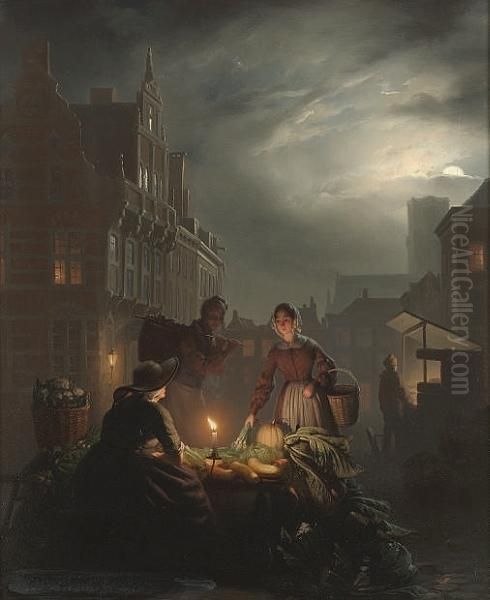 A Market Stall By Candlelight Oil Painting by Petrus van Schendel