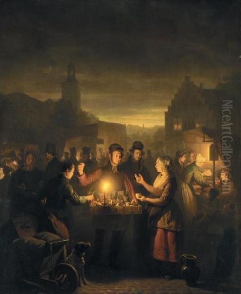 A Market By Moonlight Oil Painting by Petrus van Schendel