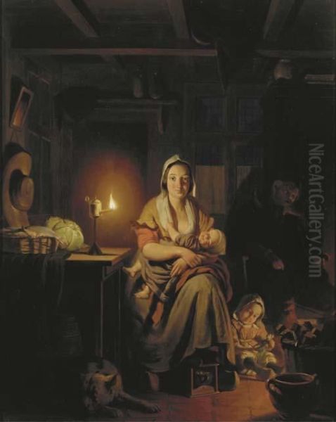 A Quiet Evening At Home Oil Painting by Petrus van Schendel